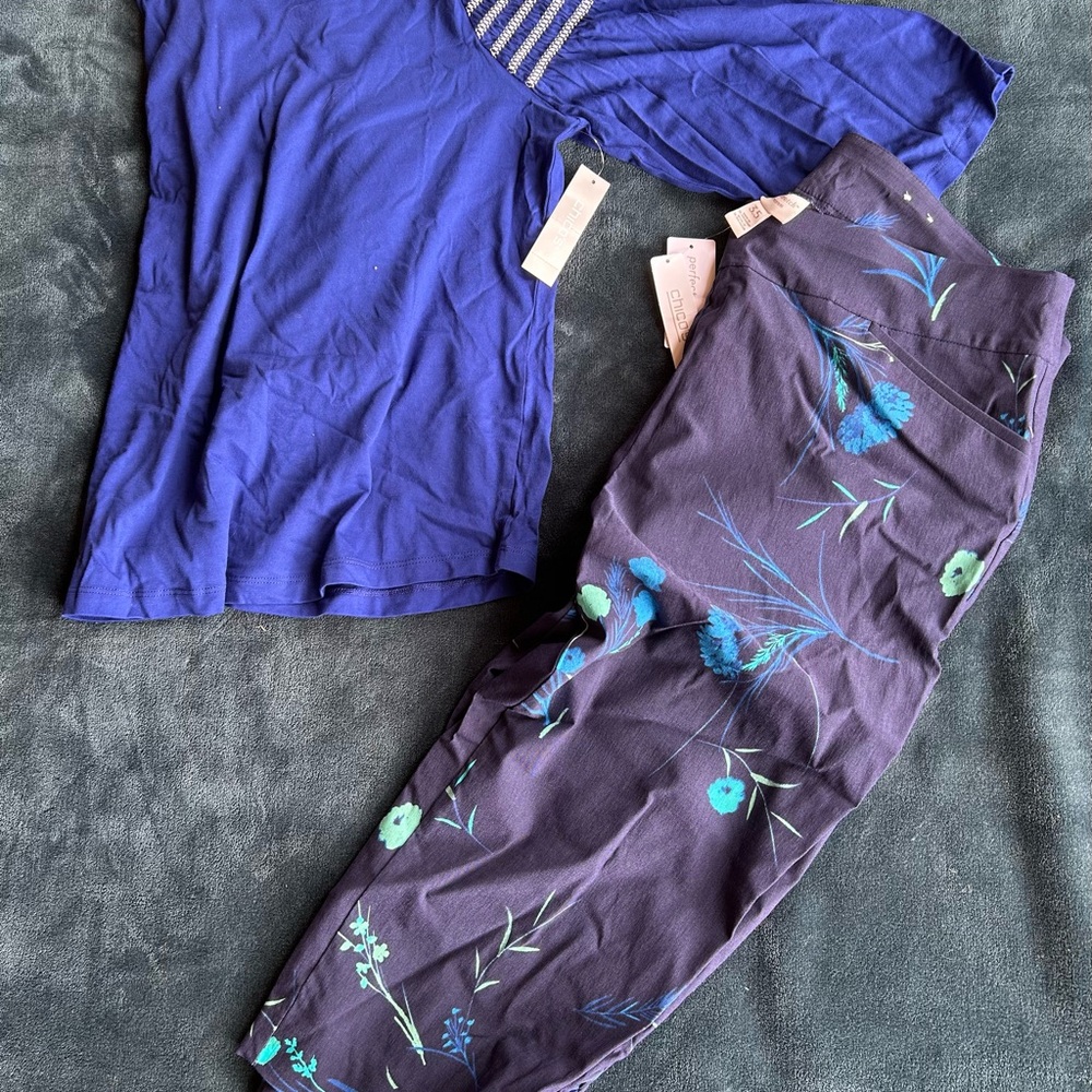Chico's Navy and Royal Blue Floral Pants with Royal Blue smocked knit top.